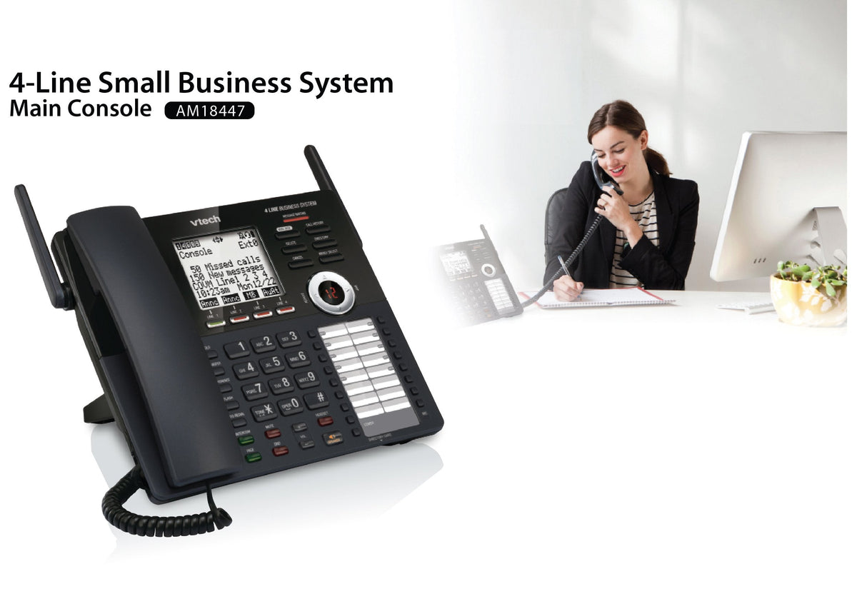 VTech AM18447 Main Console 4-Line Small Business Phone System - Expandable to 10 Stations, Digital Answering Machine, Auto Attendant, Intercom & Custom Music on Hold, Black