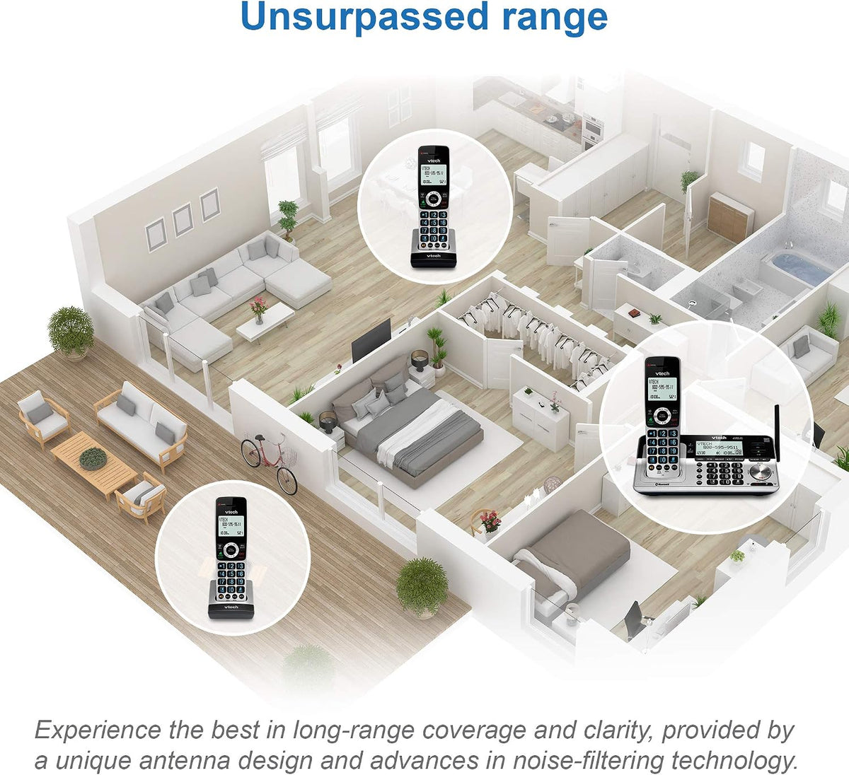 VTech VS113-5 Extended Range 5 Handset Cordless Phone for Home with Call Blocking, Connect to Cell Bluetooth, 2" Backlit Screen, Big Buttons, and Answering System, Silver & Black