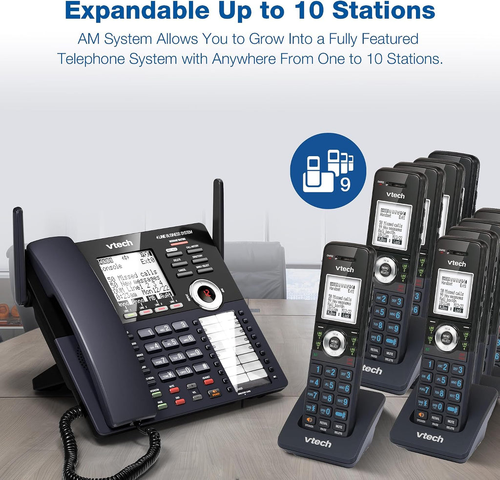 VTech AM18447 Main Console 4-Line Small Business Phone System - Expandable to 10 Stations, Digital Answering Machine, Auto Attendant, Intercom & Custom Music on Hold, Black