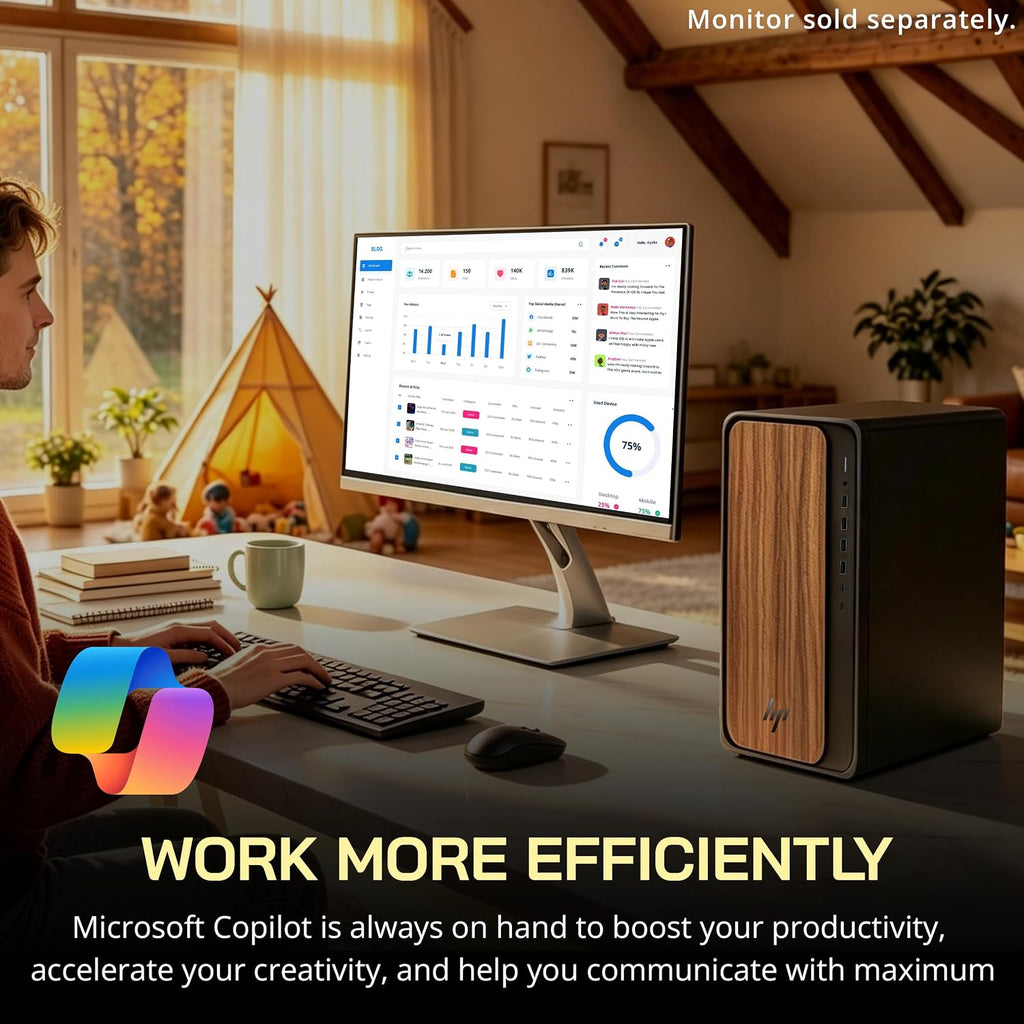 HP OmniDesk Copilot+ PC Desktop, Intel Core Ultra 7 265, 64GB DDR5, 5TB Storage (4TB PCle SSD+1TB Docking Station Set), Intel Graphics, Wireless Keyboard & Mouse, Wi-Fi 6, Win 11 Pro, Dark Wood