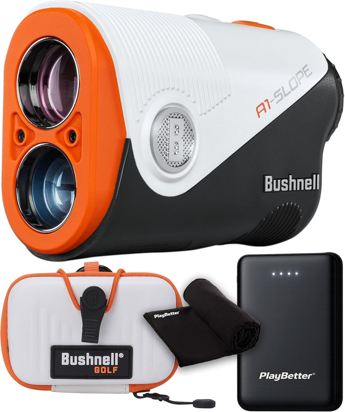 Bushnell A1-Slope Golf Laser Rangefinder Bundle - Ultra-Compact, Tour-Trusted Slope Technology, 6X Magnification, PinSeeker with JOLT with PlayBetter Portable Charger & Microfiber Towel