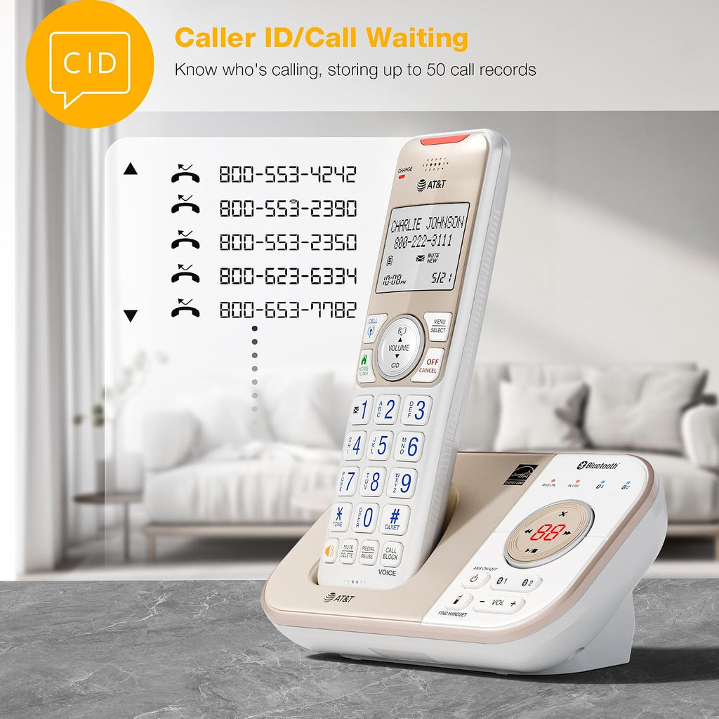 AT&T BL3112-3 3-Handset DECT 6.0 Cordless Phone for Home with Bluetooth Connect to Cell, Smart Call Blocker, Answering Machine, Caller ID, Expandable up to 5 Handsets, Champagne Gold/White