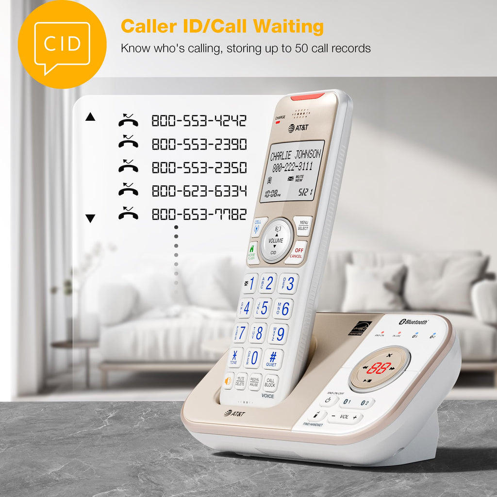 AT&T BL3112-3 3-Handset DECT 6.0 Cordless Phone for Home with Bluetooth Connect to Cell, Smart Call Blocker, Answering Machine, Caller ID, Expandable up to 5 Handsets, Champagne Gold/White