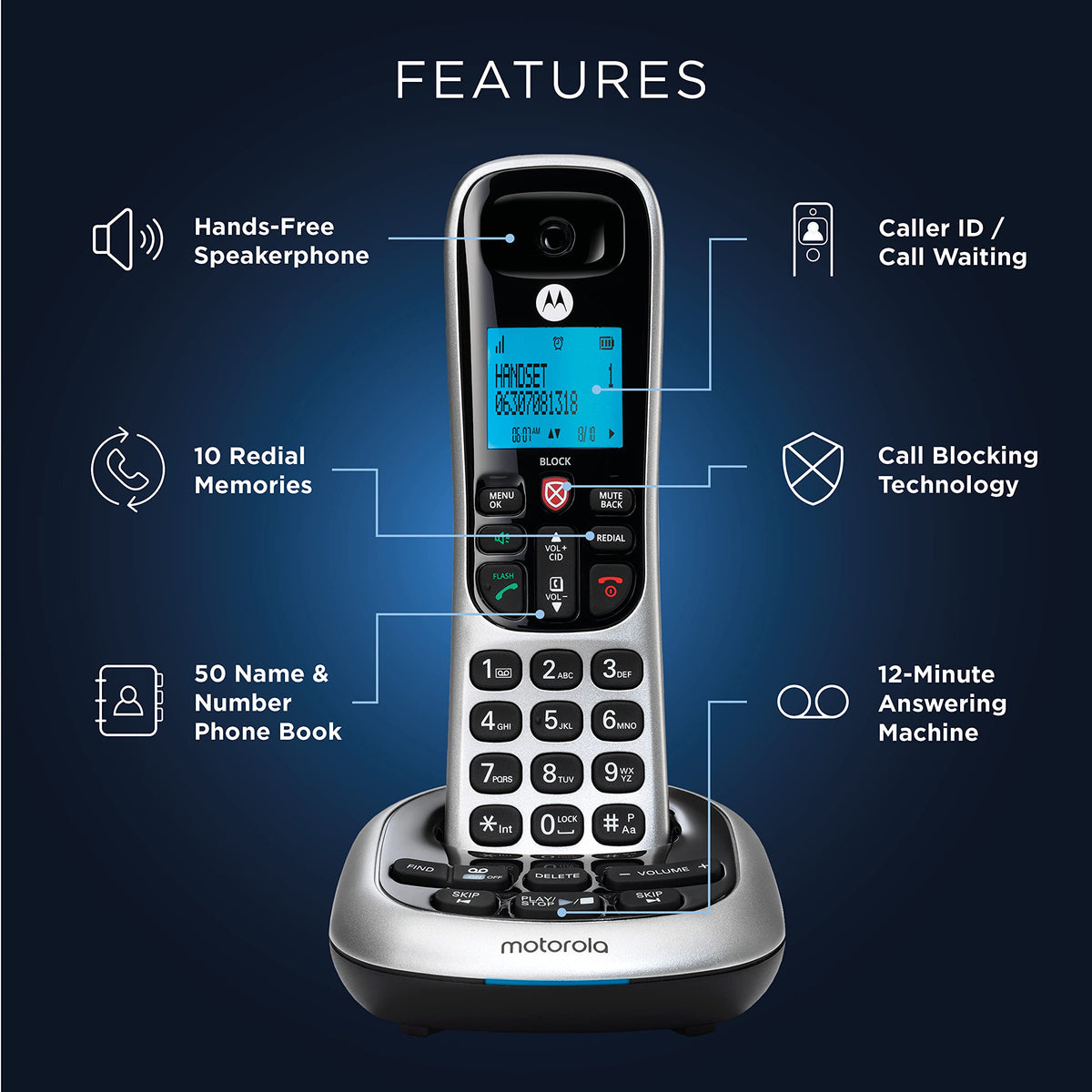 Motorola CD4014 DECT 6.0 Cordless Phone with Answering Machine and Call Block, Silver/Black, 4 Handsets
