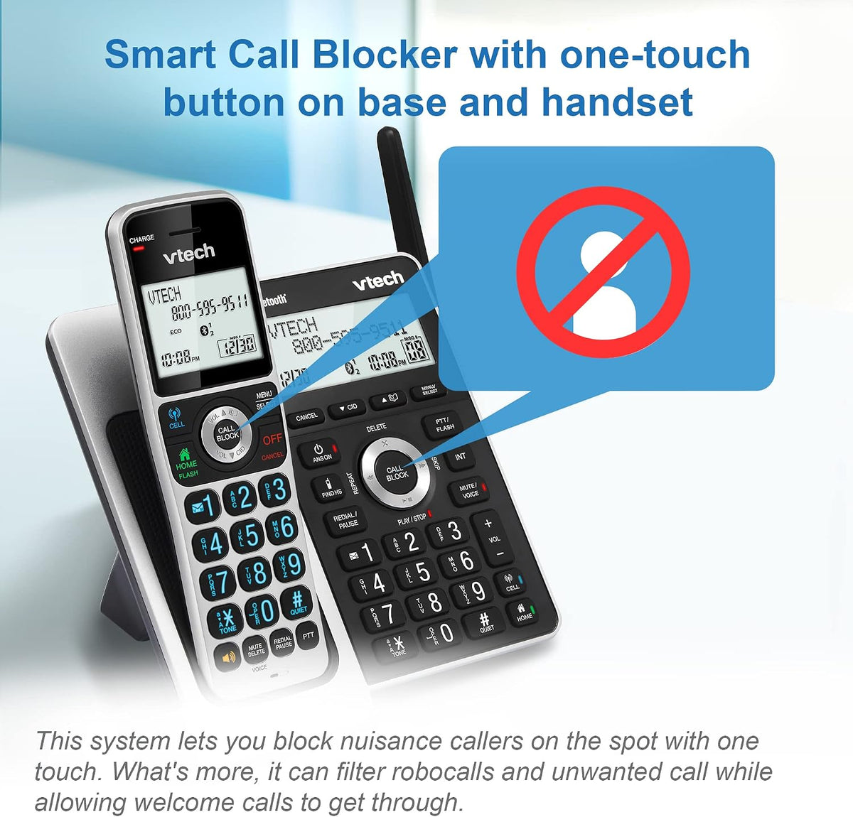 VTech VS306-5 DECT 6.0 5 Handsets Cordless Home Phone with Bluetooth, Answering System, Smart Call Blocker, Caller ID Announce, Backlit Display, Duplex Speakerphone (Silver & Black)