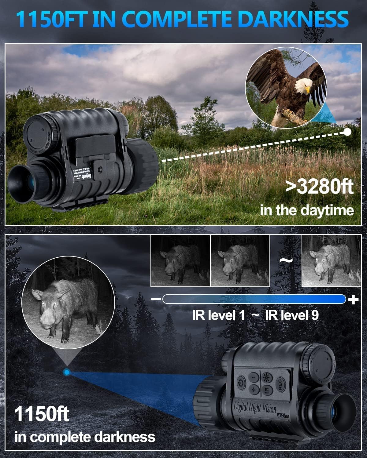 WiFi Night Vision Monocular Support Smartphone iOS/Android Night Watching HD in Full Darkness Clearly Infrared Camera Telescope 12MP Photo Video 5X Digital Zoom Night Vision Binocular