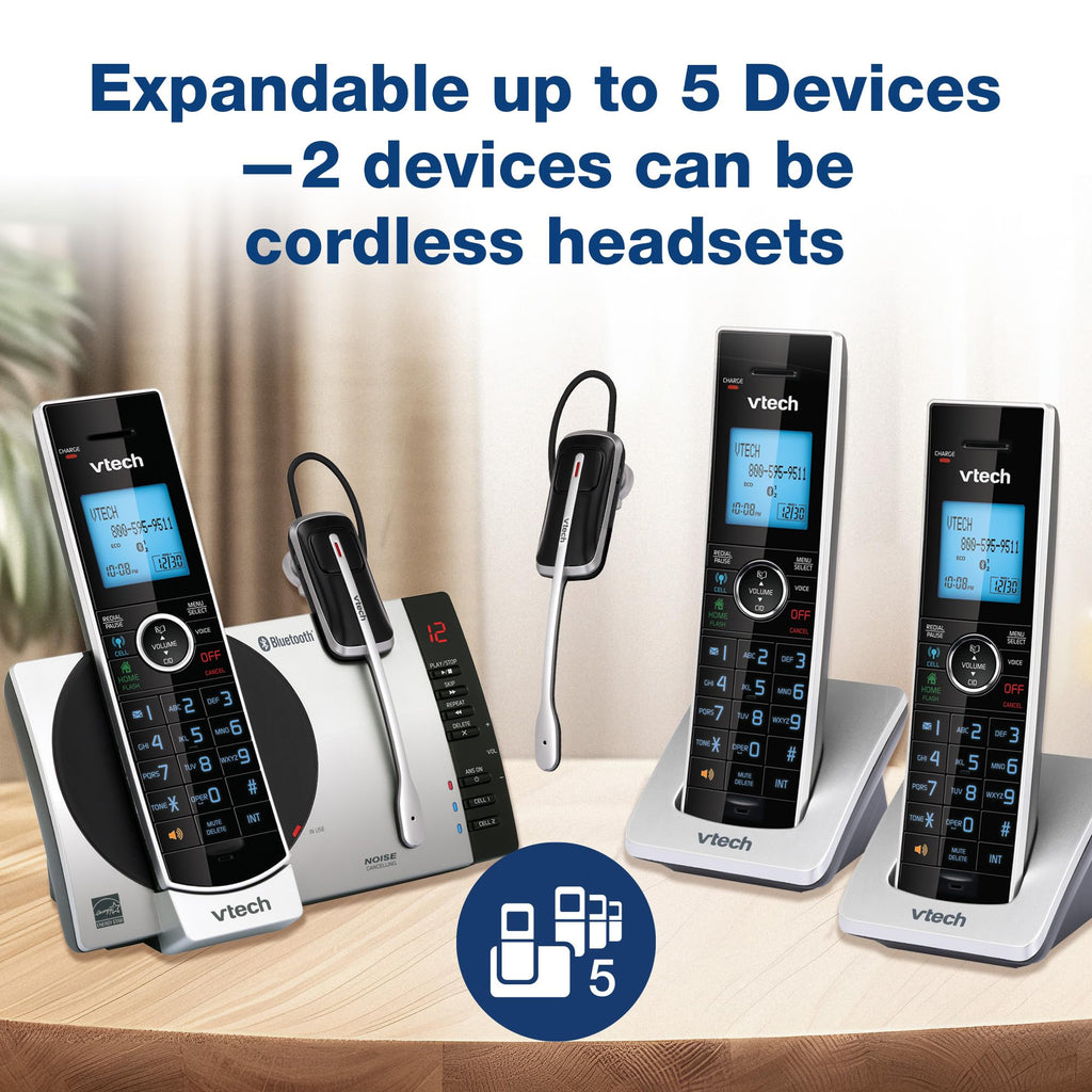VTech-Cordless Phone with Answering Machine with DECT 6.0 Headset, Bluetooth, Connect to Cell, Caller ID/Call Waiting, Handset Intercom,1,000 Name & Number Phonebook -DS6771-2 Silver/Black