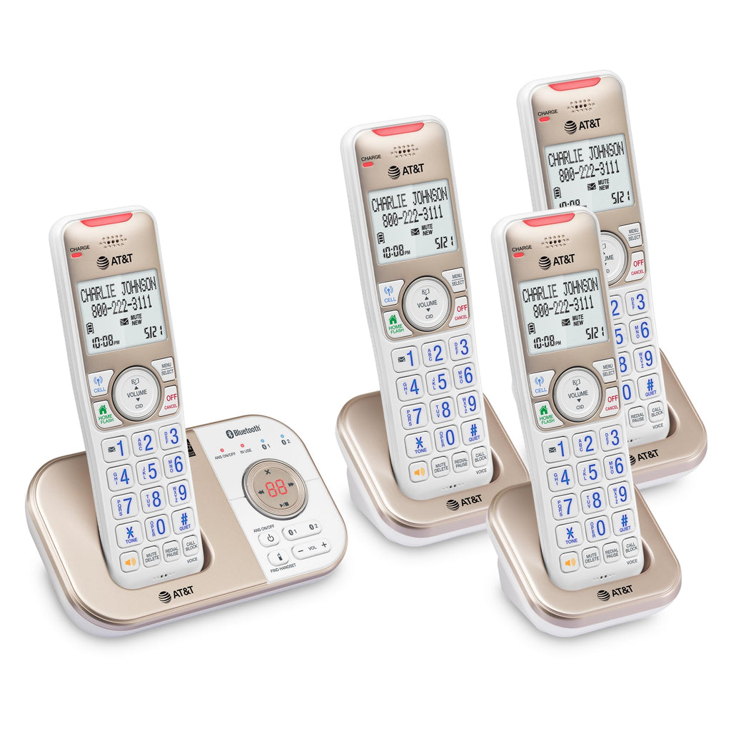 AT&T BL3112-3 3-Handset DECT 6.0 Cordless Phone for Home with Bluetooth Connect to Cell, Smart Call Blocker, Answering Machine, Caller ID, Expandable up to 5 Handsets, Champagne Gold/White