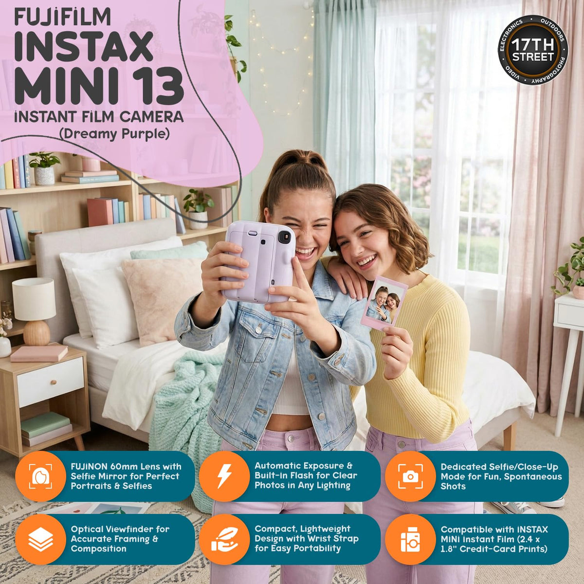 FUJIFILM Instax Mini 13 Instant Camera, Candy Pink with Film & Case Bundle