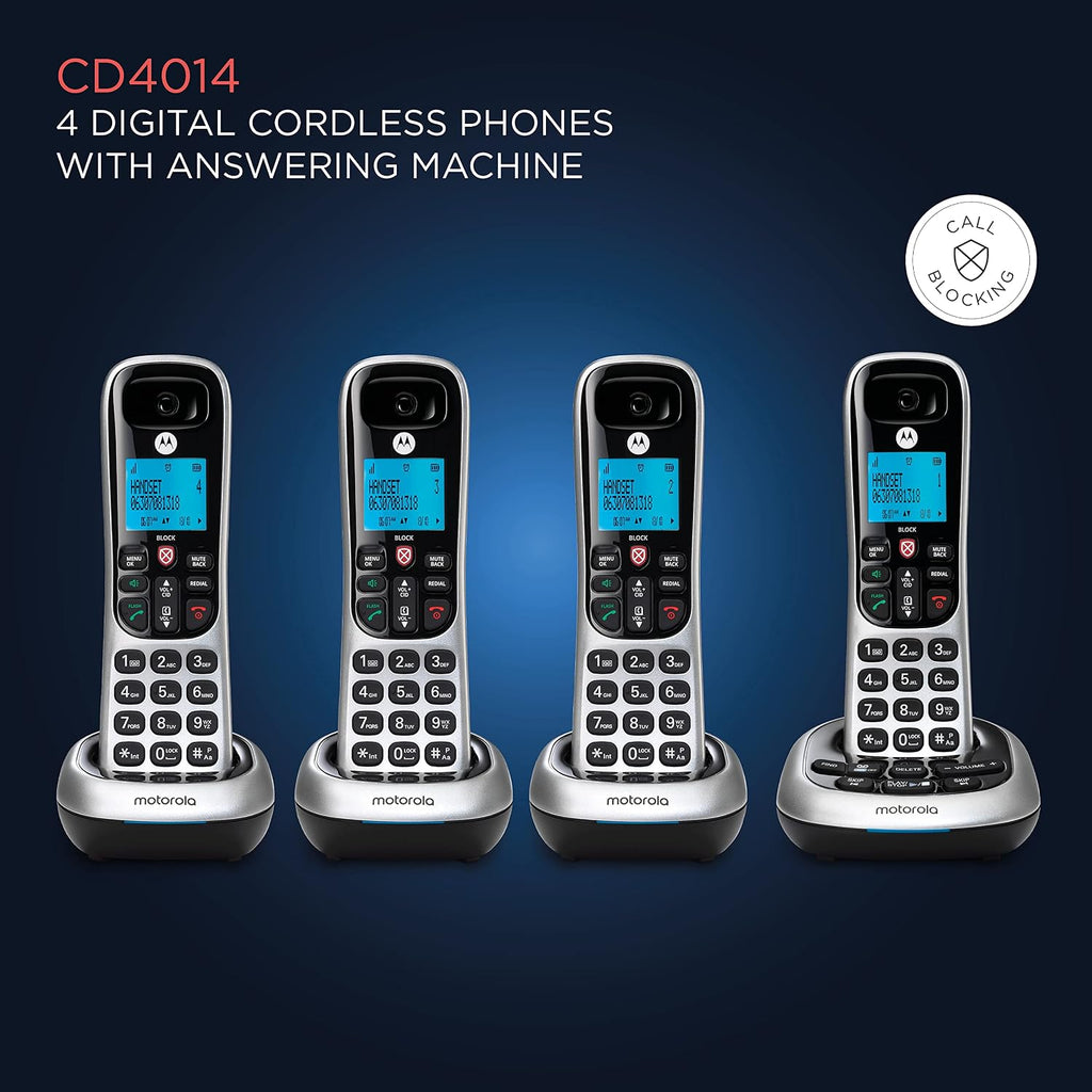 Motorola CD4014 DECT 6.0 Cordless Phone with Answering Machine and Call Block, Silver/Black, 4 Handsets