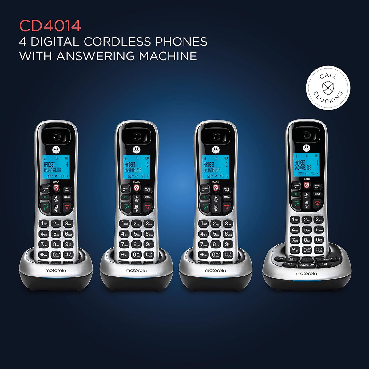 Motorola CD4014 DECT 6.0 Cordless Phone with Answering Machine and Call Block, Silver/Black, 4 Handsets