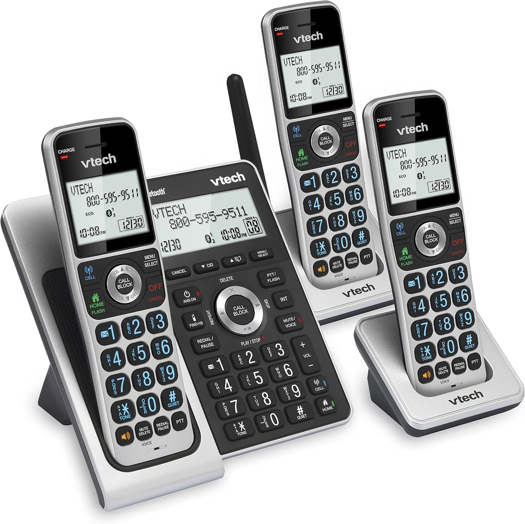 VTech VS306-3 DECT 6.0 3 Handsets Cordless Home Phone with Bluetooth, Answering System, Smart Call Blocker, Caller ID Announce, Backlit Display, Duplex Speakerphone (Silver & Black)