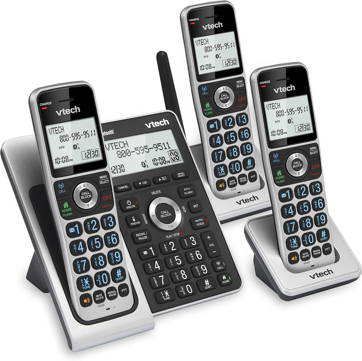 VTech VS306-3 DECT 6.0 3 Handsets Cordless Home Phone with Bluetooth, Answering System, Smart Call Blocker, Caller ID Announce, Backlit Display, Duplex Speakerphone (Silver & Black)