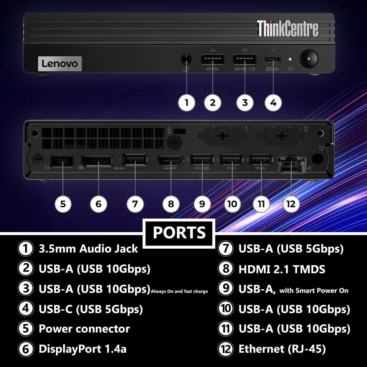 Lenovo ThinkCentre Tiny M70q Gen 6, Intel Ultra Core S3 (Beats i7-13700T), 32GB DDR5, 1TB NVMe, DisplayPort, HDMI, WiFi 6E, RJ-45, Wired KB & Mouse, Win 11 Pro, AI Business Desktop â Black