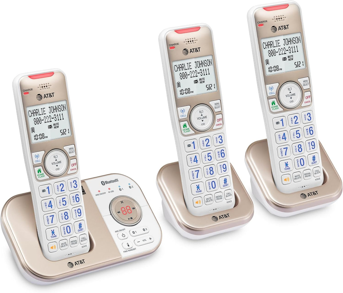 AT&T BL3112-3 3-Handset DECT 6.0 Cordless Phone for Home with Bluetooth Connect to Cell, Smart Call Blocker, Answering Machine, Caller ID, Expandable up to 5 Handsets, Champagne Gold/White