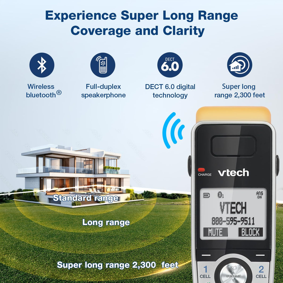 VTech IS8151-2 Super Long Range 2 Handset DECT 6.0 Cordless Phone for Home with Answering Machine, 2300 ft Range, Call Blocking, Bluetooth, Headset Jack, Power Backup, Intercom, Expandable to 12 HS
