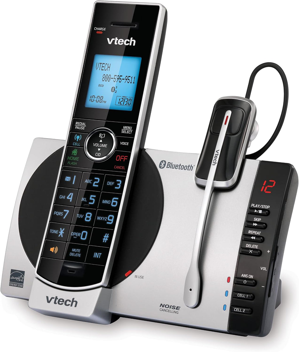 VTech-Cordless Phone with Answering Machine with DECT 6.0 Headset, Bluetooth, Connect to Cell, Caller ID/Call Waiting, Handset Intercom,1,000 Name & Number Phonebook -DS6771-2 Silver/Black
