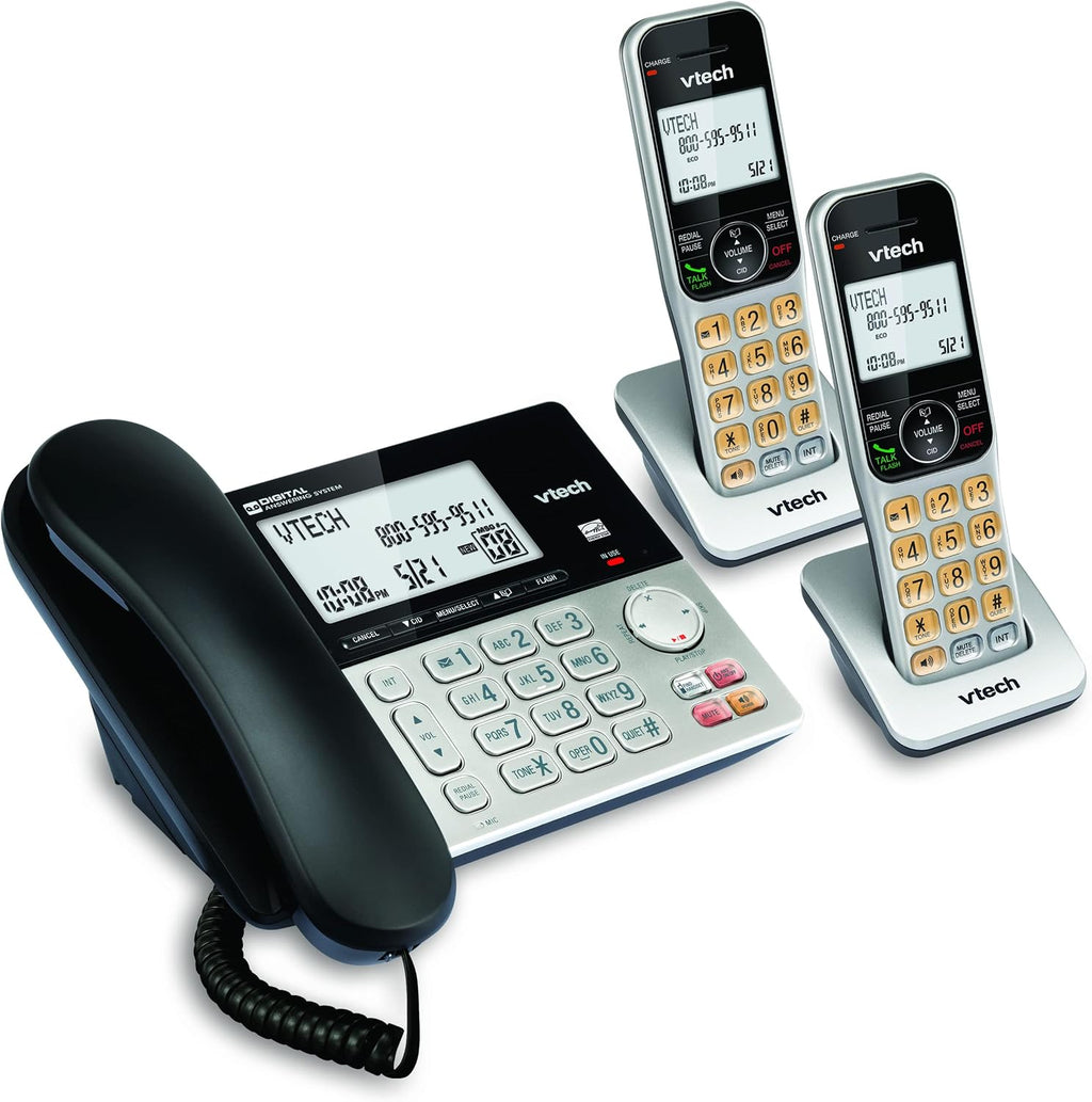 VTech VG208-2 DECT 6.0 Corded/Cordless Phone System with 2 Handsets, Digital Answering Machine, Call Blocking, Caller ID, Large Backlit Display