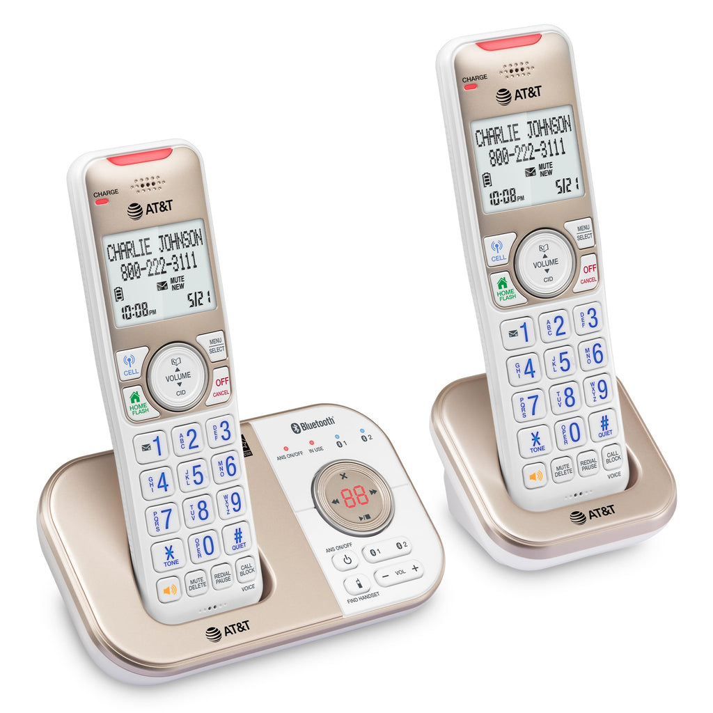 AT&T BL3112-3 3-Handset DECT 6.0 Cordless Phone for Home with Bluetooth Connect to Cell, Smart Call Blocker, Answering Machine, Caller ID, Expandable up to 5 Handsets, Champagne Gold/White