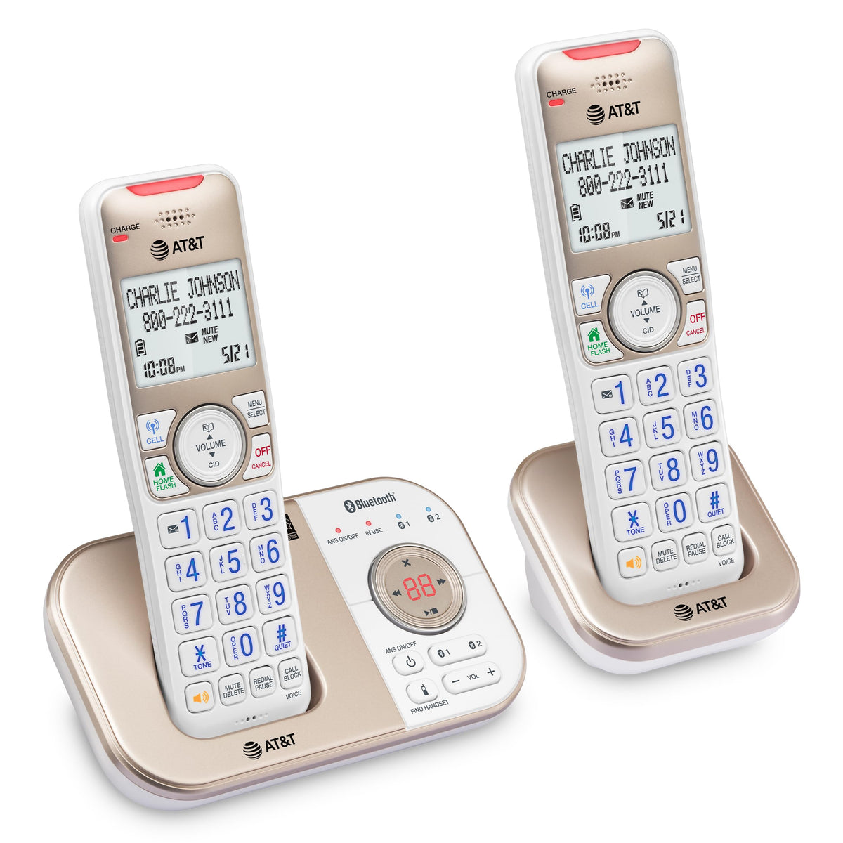 AT&T BL3112-3 3-Handset DECT 6.0 Cordless Phone for Home with Bluetooth Connect to Cell, Smart Call Blocker, Answering Machine, Caller ID, Expandable up to 5 Handsets, Champagne Gold/White