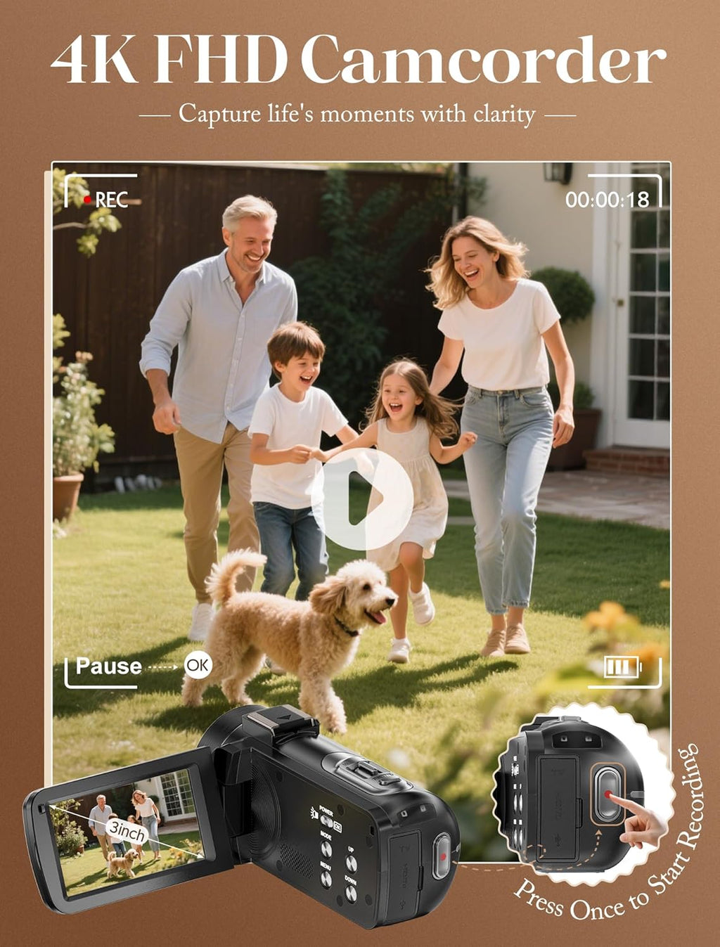 ZYDIIE 4K Video Camera Camcorder UHD 64MP Vlogging Camera for YouTube 18x Digital Zoom 3" 270Â° Rotation IPS Touchscreen Video Camcorder with Night Vision, Remote Control, 32GB Card, 2 Batteries