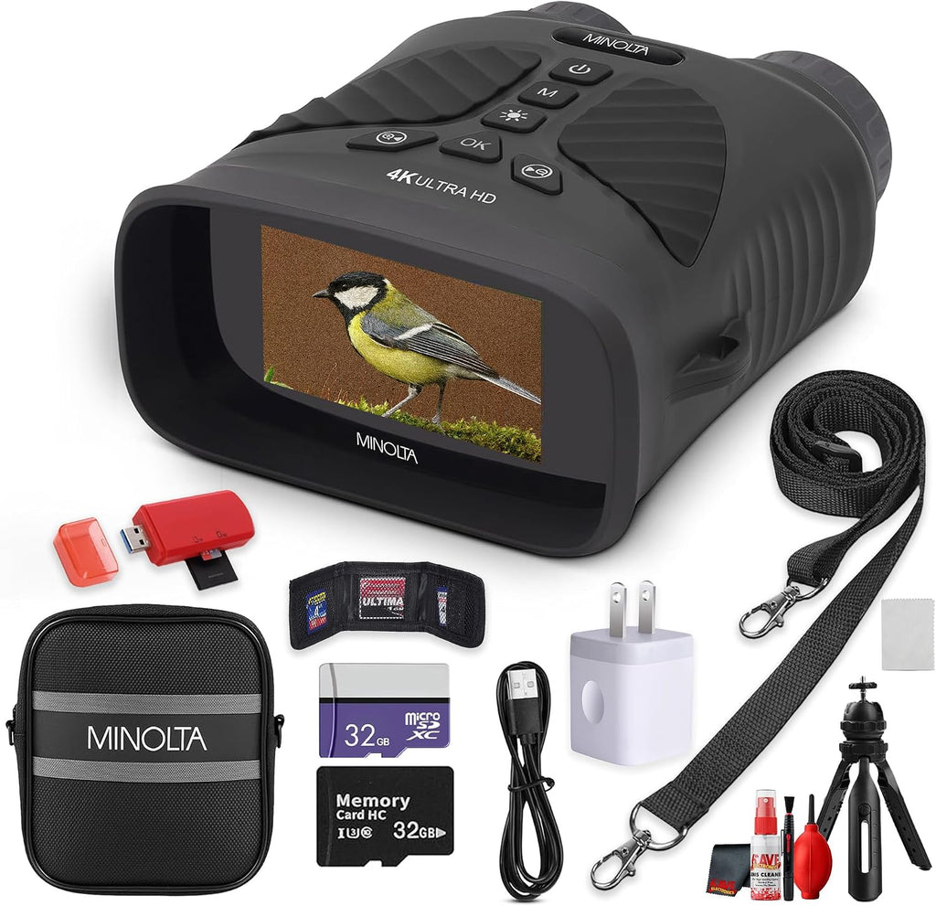 Minolta MNDM10B 10x25 Night Vision 4K Digital Camera Monocular (Black) Bundle with Cleaning Kit + USB Wall Charger + 32GB MicroSD Memory Card + USB Card Reader- SD/microSD + Memory Card Wallet