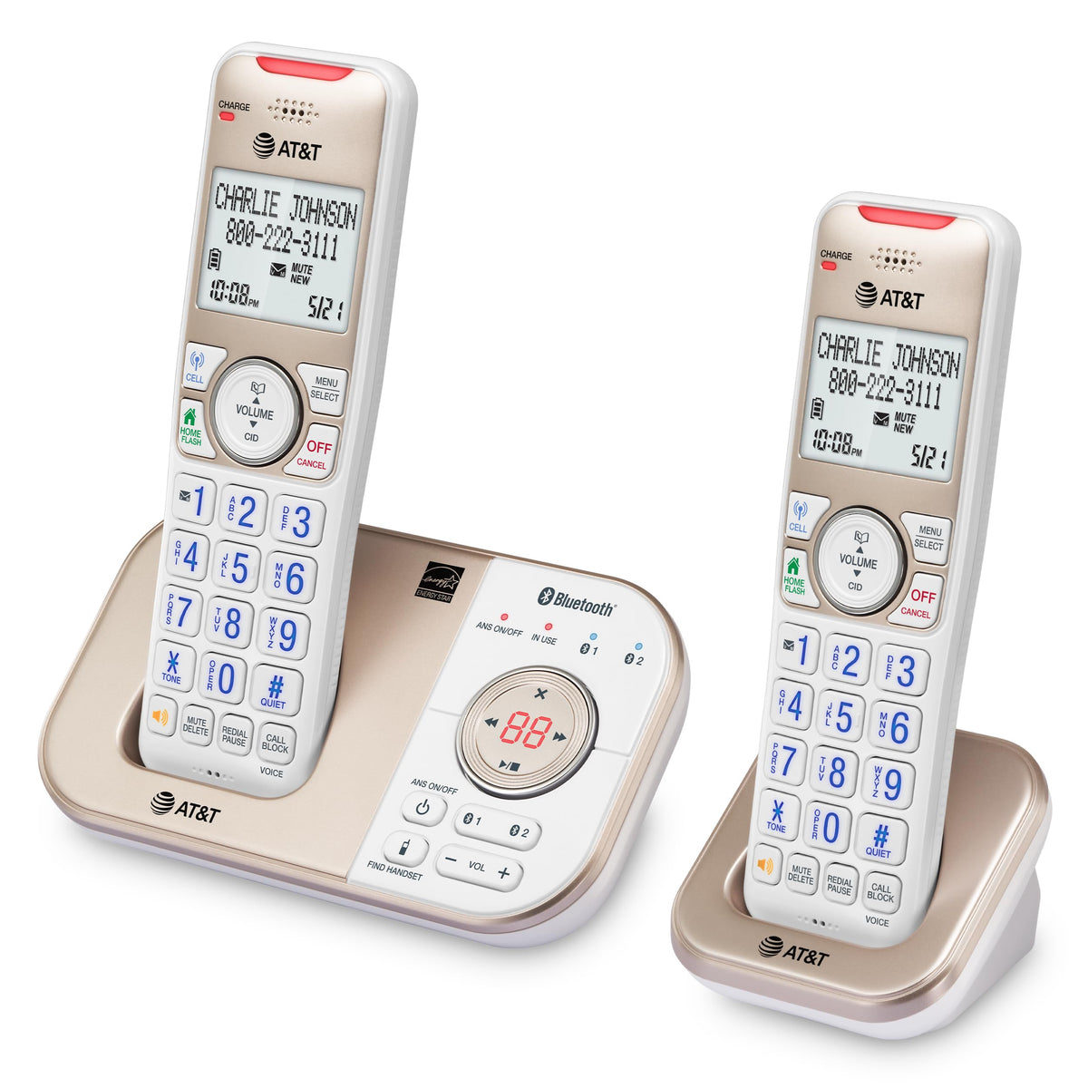 AT&T BL3112-3 3-Handset DECT 6.0 Cordless Phone for Home with Bluetooth Connect to Cell, Smart Call Blocker, Answering Machine, Caller ID, Expandable up to 5 Handsets, Champagne Gold/White