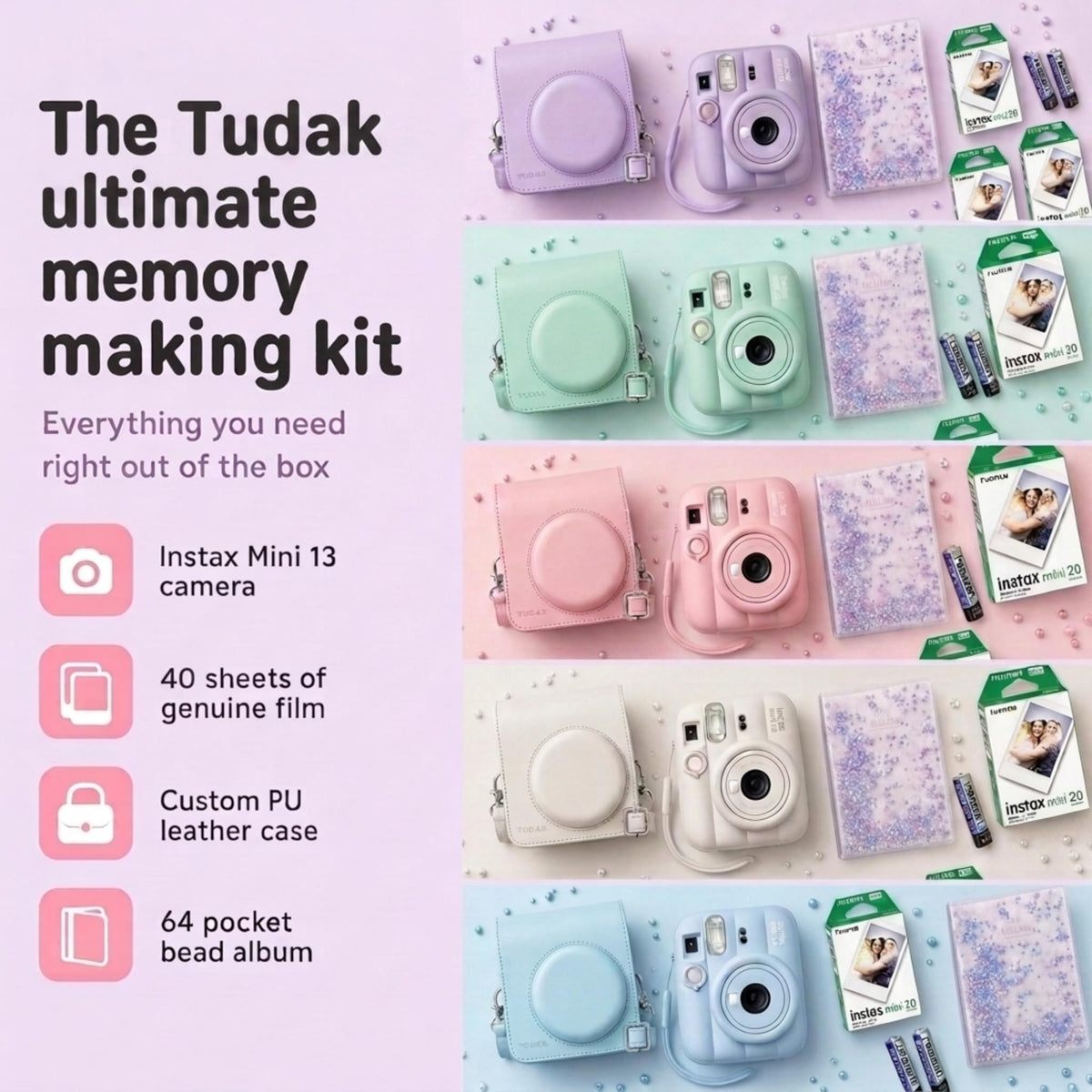 Fujifilm Instax Mini 13 Instant Camera Dreamy Purple + Fuji Film Value Pack (40 Sheets) + Tudak Accessories Bundle, Incl. Compatible Carrying Case, Quicksand Beads Photo Album 64 Pockets