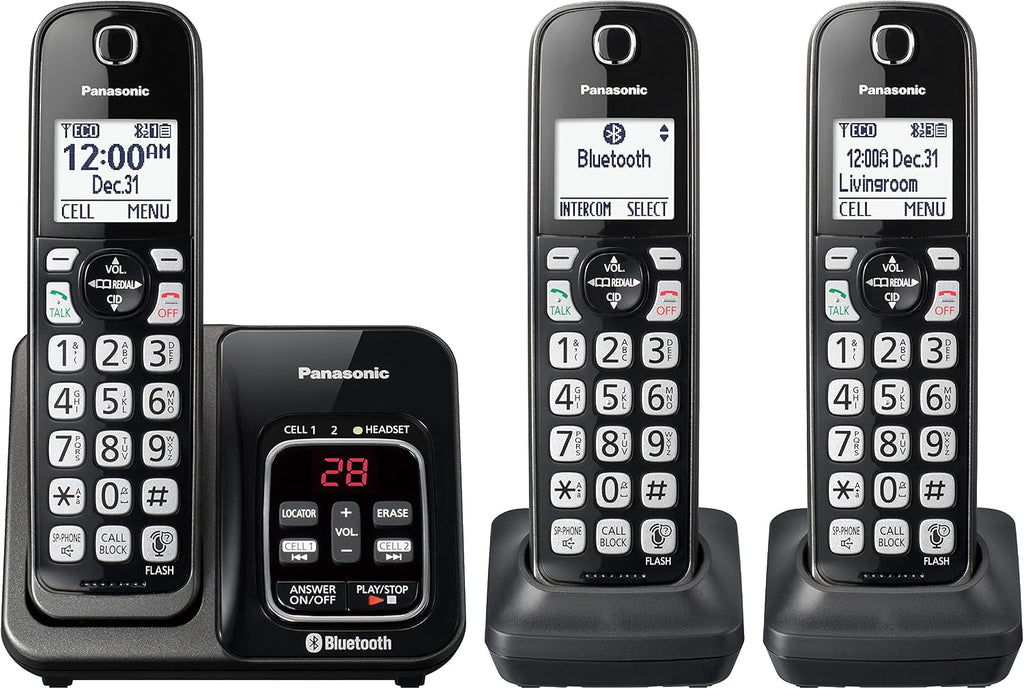 Panasonic Expandable Cordless Phone System with Link2Cell Bluetooth, Voice Assistant, Answering Machine and Call Blocking - 3 Cordless Handsets - KX-TGD663M (Metallic Black)