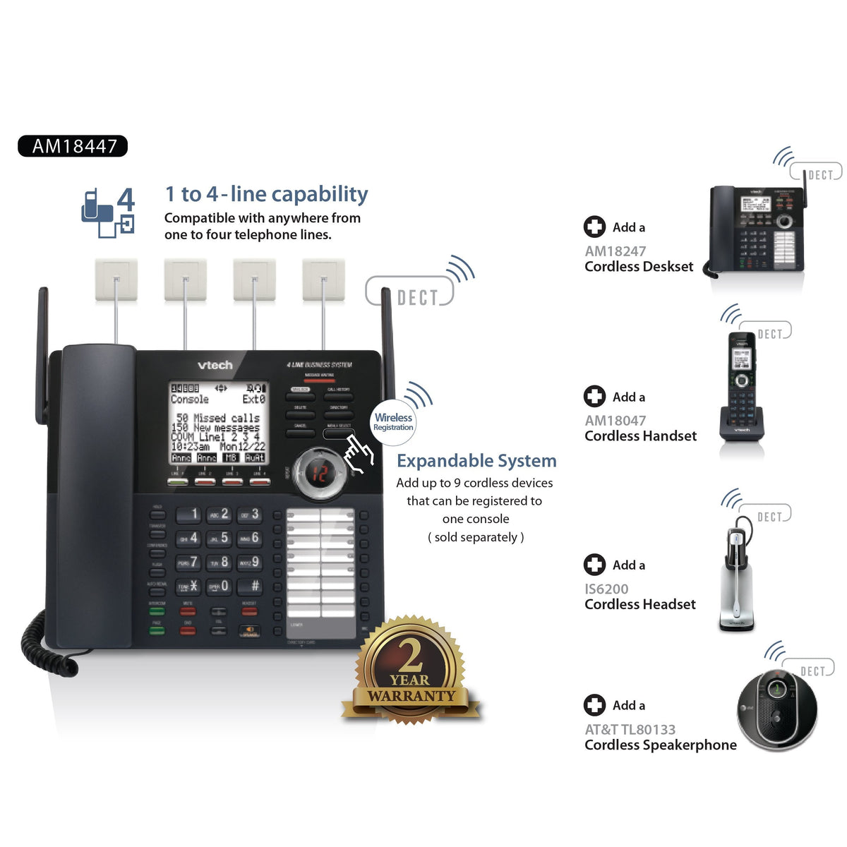 VTech AM18447 Main Console 4-Line Small Business Phone System - Expandable to 10 Stations, Digital Answering Machine, Auto Attendant, Intercom & Custom Music on Hold, Black