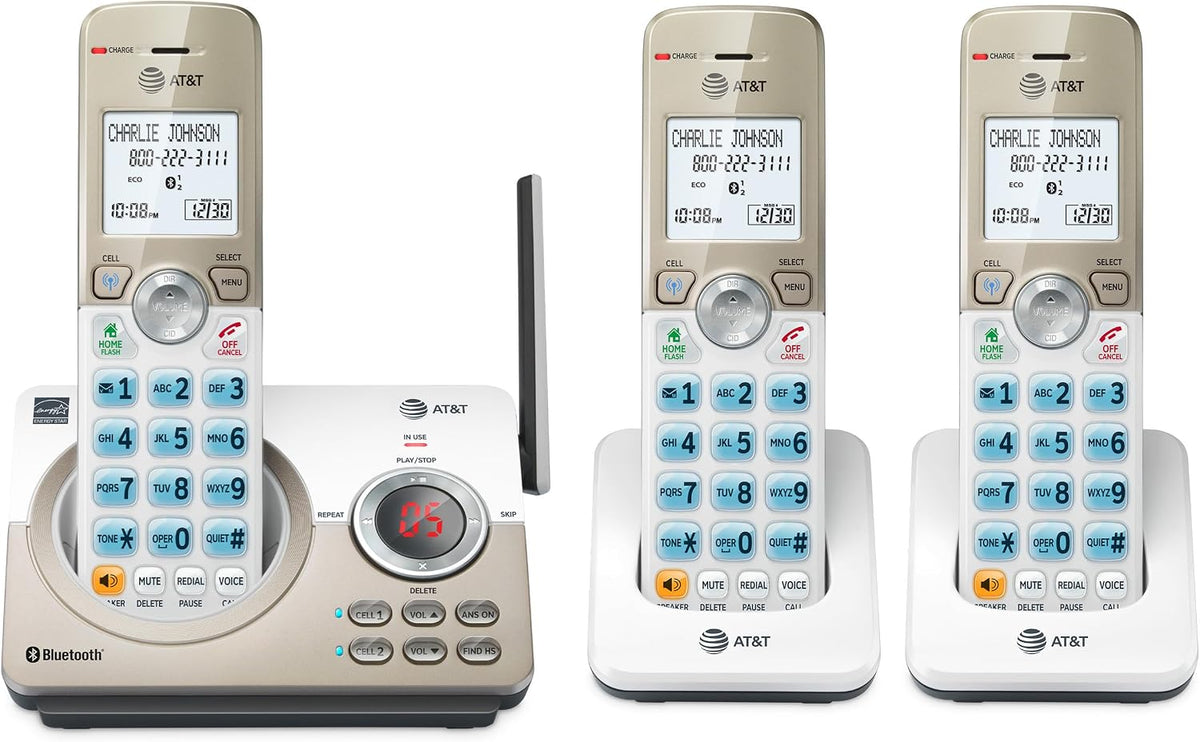 AT&T DL72319 DECT 6.0 3-Handset Cordless Phone for Home with Connect to Cell, Call Blocking, 1.8" Backlit Screen, Big Buttons, intercom, and Unsurpassed Range
