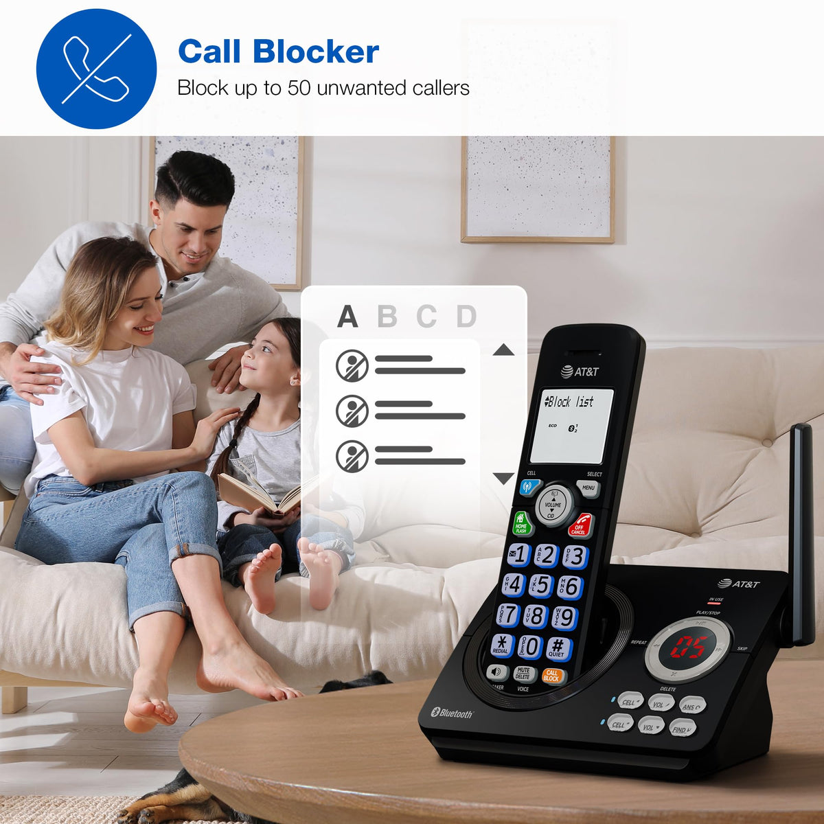 AT&T DL72319 DECT 6.0 3-Handset Cordless Phone for Home with Connect to Cell, Call Blocking, 1.8" Backlit Screen, Big Buttons, intercom, and Unsurpassed Range