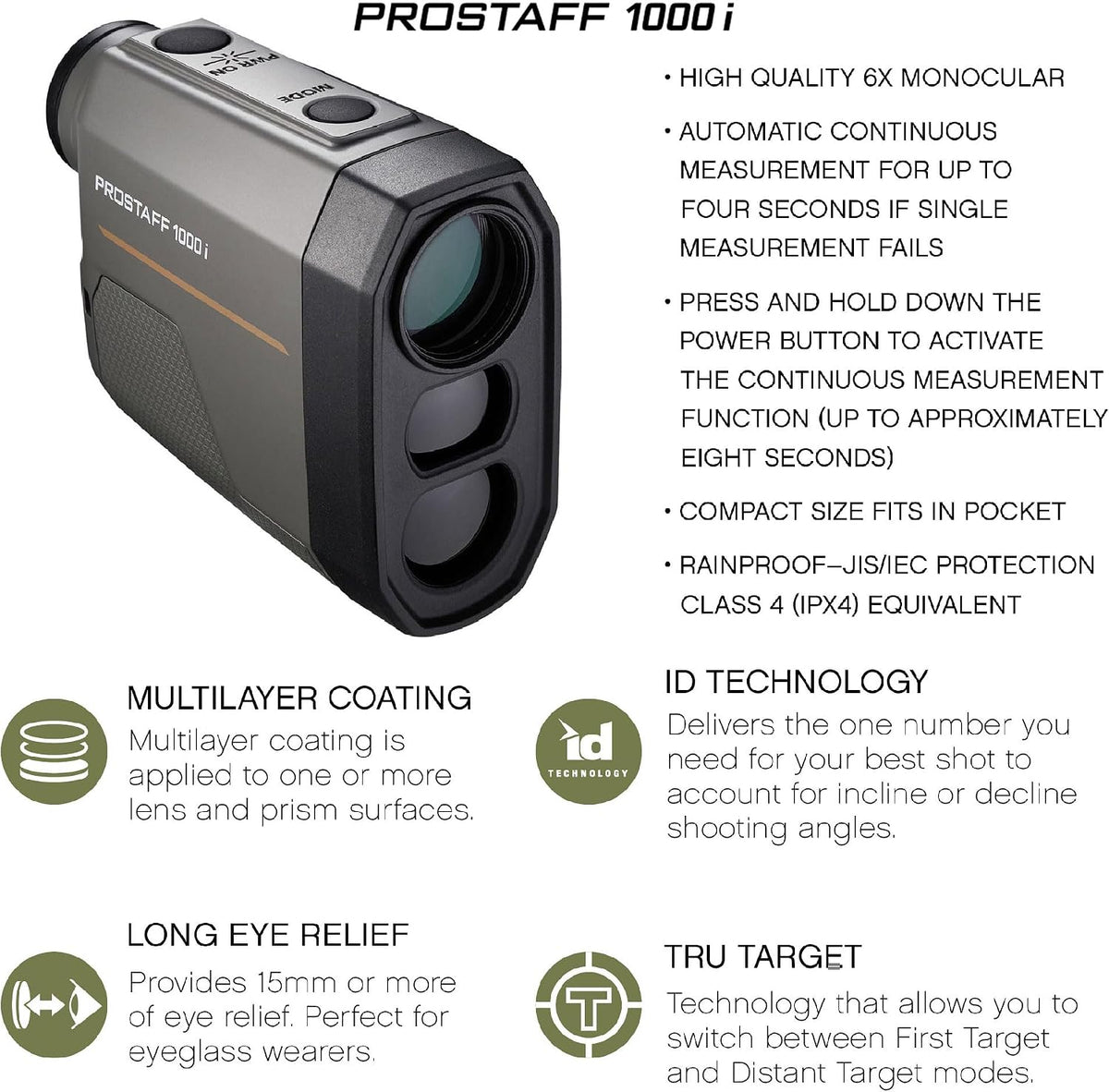 Nikon PROSTAFF 1000i 6x20 Laser Rangefinder with ID Incline/Decline Technology, TRU Target Measurement, 1000-Yard Range, Weather-Resistant Design, Compact & Pocket-Friendly