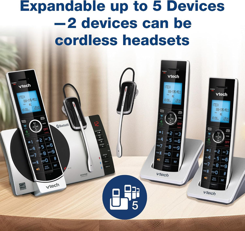VTech-Cordless Phone with Answering Machine with DECT 6.0 Headset, Bluetooth, Connect to Cell, Caller ID/Call Waiting, Handset Intercom,1,000 Name & Number Phonebook -DS6771-2 Silver/Black