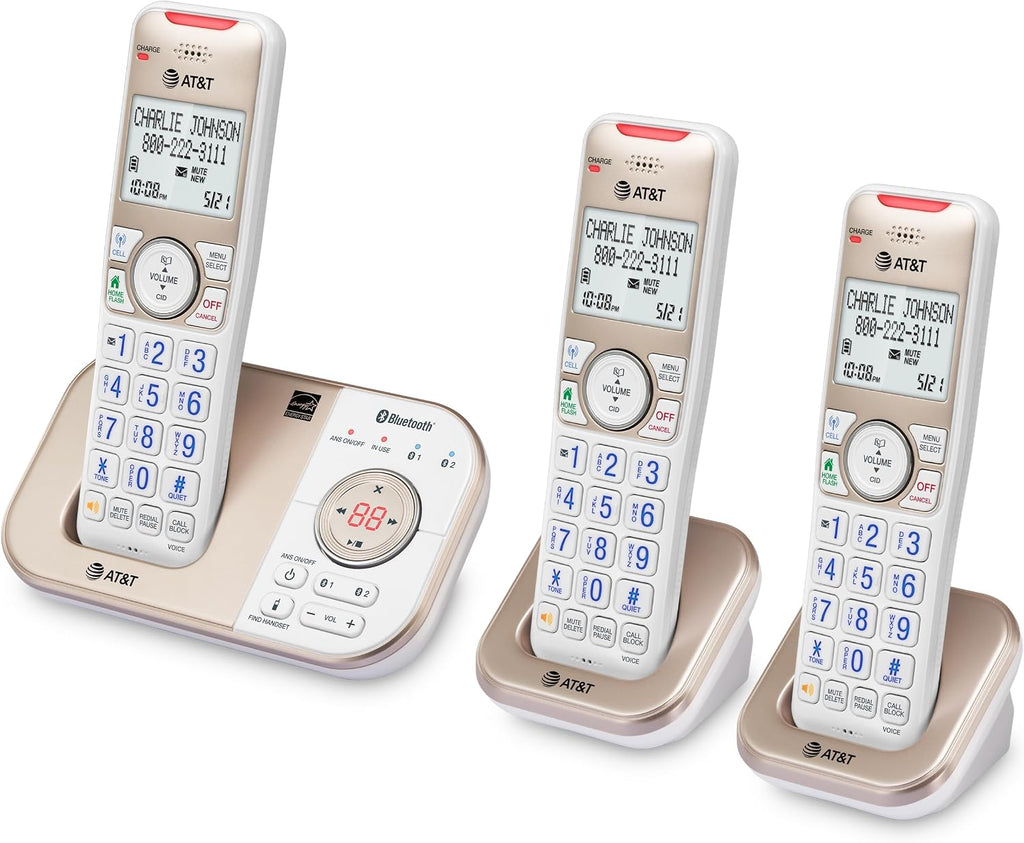 AT&T BL3112-3 3-Handset DECT 6.0 Cordless Phone for Home with Bluetooth Connect to Cell, Smart Call Blocker, Answering Machine, Caller ID, Expandable up to 5 Handsets, Champagne Gold/White