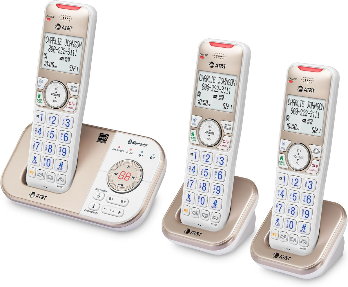 AT&T BL3112-3 3-Handset DECT 6.0 Cordless Phone for Home with Bluetooth Connect to Cell, Smart Call Blocker, Answering Machine, Caller ID, Expandable up to 5 Handsets, Champagne Gold/White