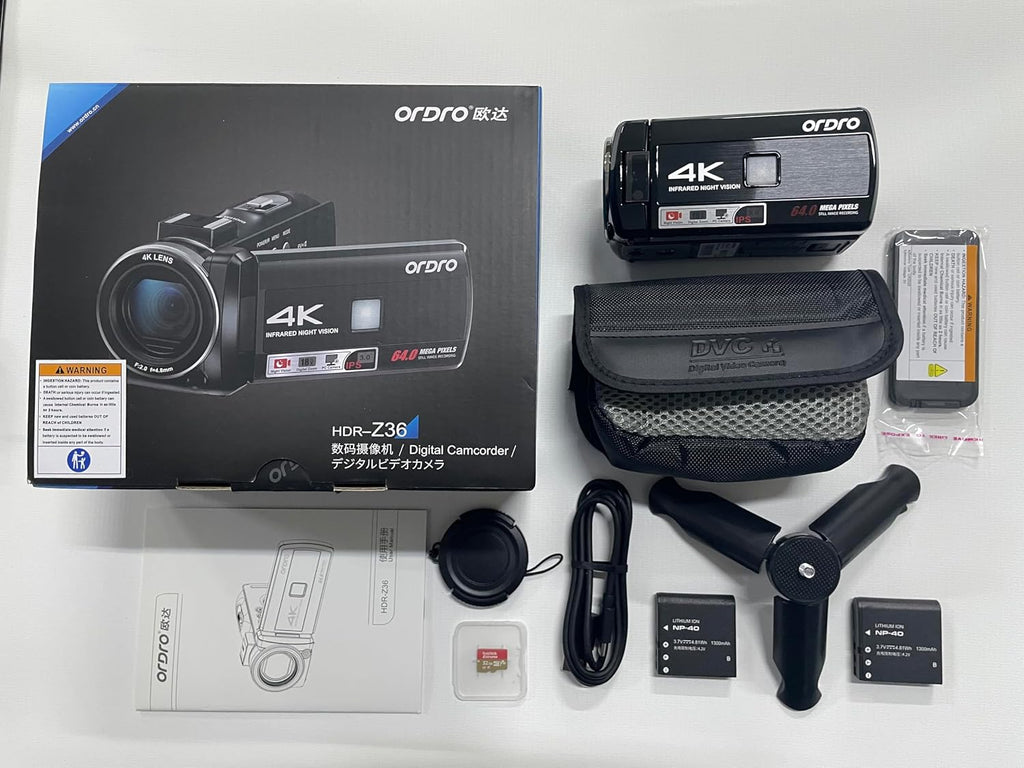 ORDRO 4K Camcorder, 64MP Vlogging Camera for YouTube with 18X Digital Zoom, IR Night Vision, 32G Memory Card and Mini Tripod