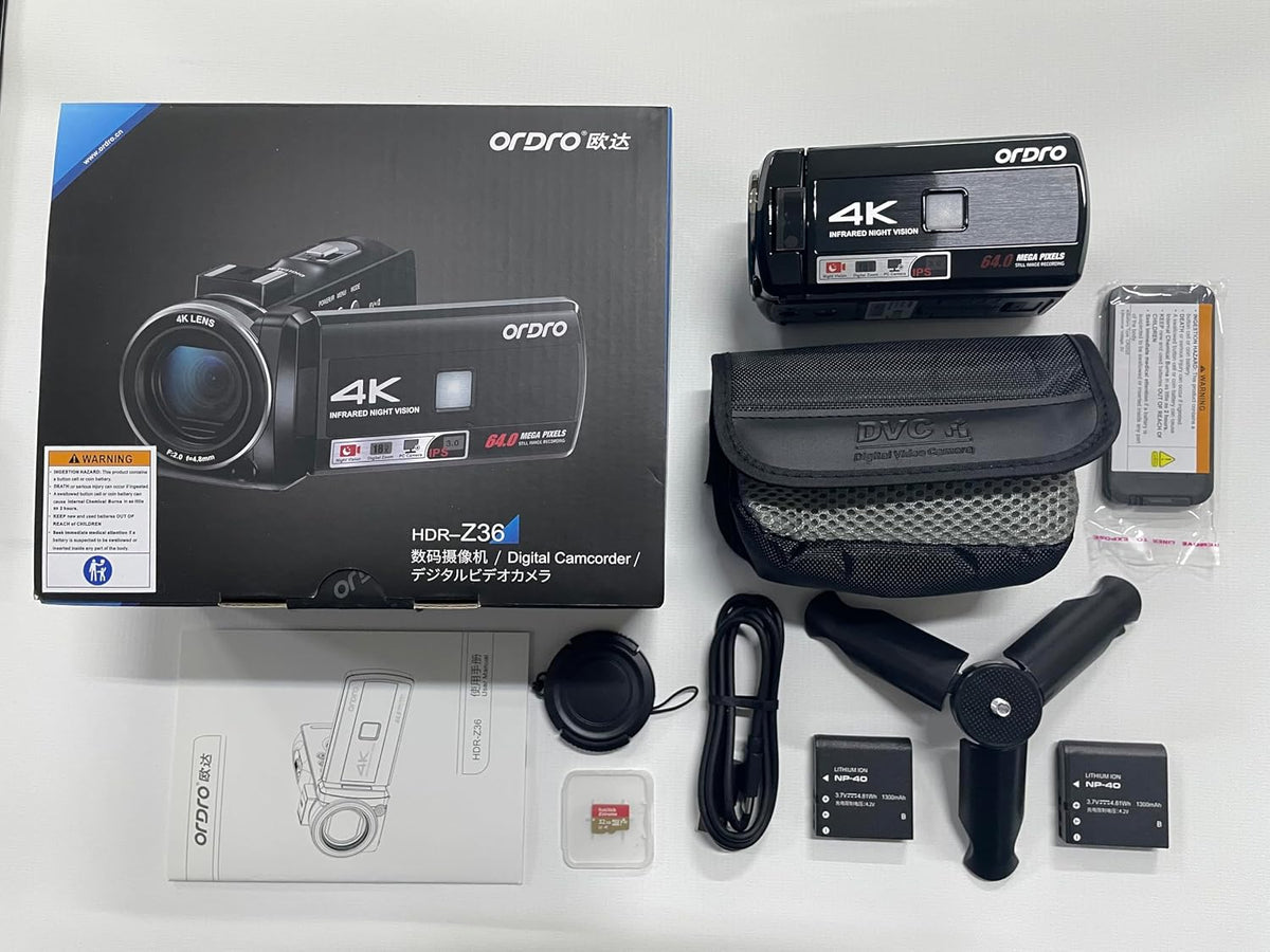 ORDRO 4K Camcorder, 64MP Vlogging Camera for YouTube with 18X Digital Zoom, IR Night Vision, 32G Memory Card and Mini Tripod