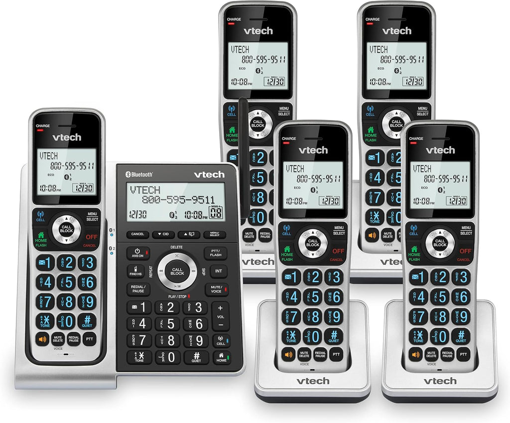VTech VS306-5 DECT 6.0 5 Handsets Cordless Home Phone with Bluetooth, Answering System, Smart Call Blocker, Caller ID Announce, Backlit Display, Duplex Speakerphone (Silver & Black)