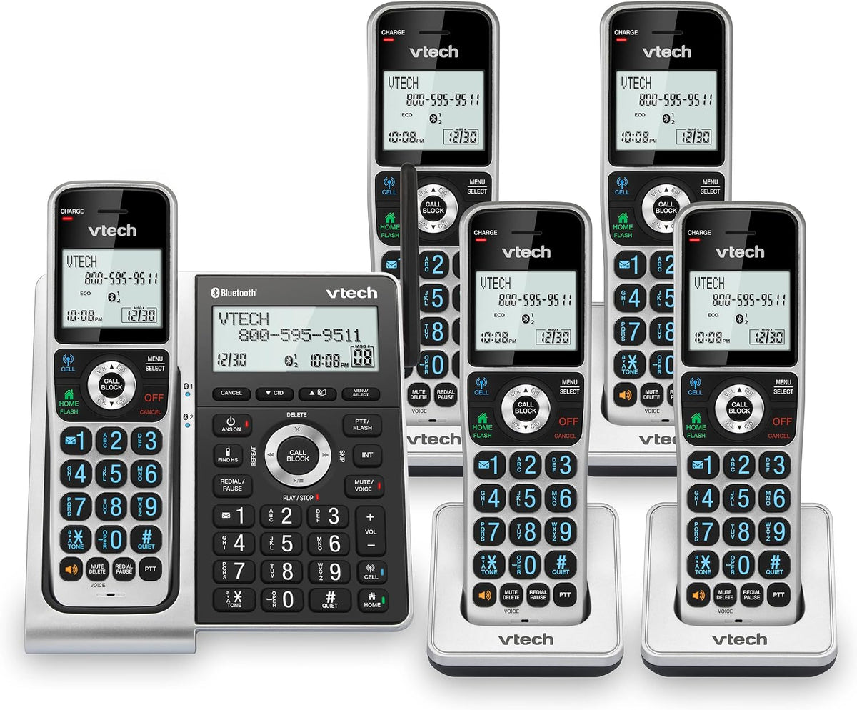 VTech VS306-5 DECT 6.0 5 Handsets Cordless Home Phone with Bluetooth, Answering System, Smart Call Blocker, Caller ID Announce, Backlit Display, Duplex Speakerphone (Silver & Black)
