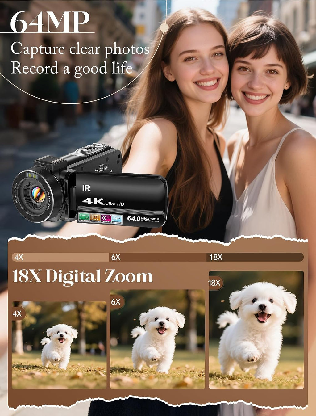 ZYDIIE 4K Video Camera Camcorder UHD 64MP Vlogging Camera for YouTube 18x Digital Zoom 3" 270Â° Rotation IPS Touchscreen Video Camcorder with Night Vision, Remote Control, 32GB Card, 2 Batteries