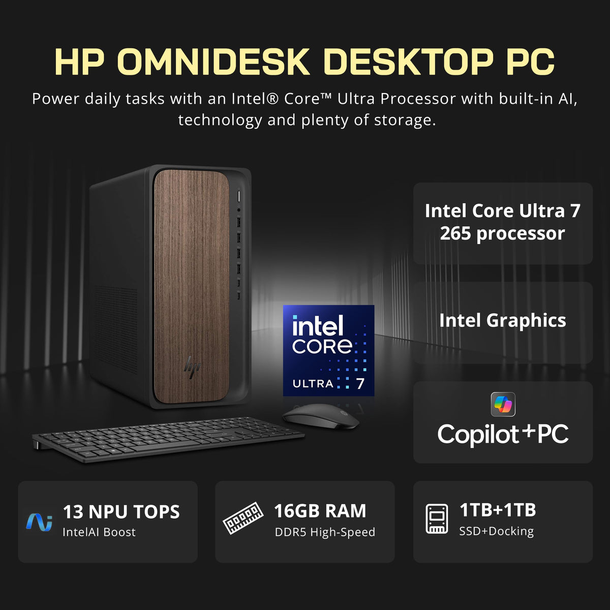 HP OmniDesk Copilot+ PC Desktop, Intel Core Ultra 7 265, 64GB DDR5, 5TB Storage (4TB PCle SSD+1TB Docking Station Set), Intel Graphics, Wireless Keyboard & Mouse, Wi-Fi 6, Win 11 Pro, Dark Wood
