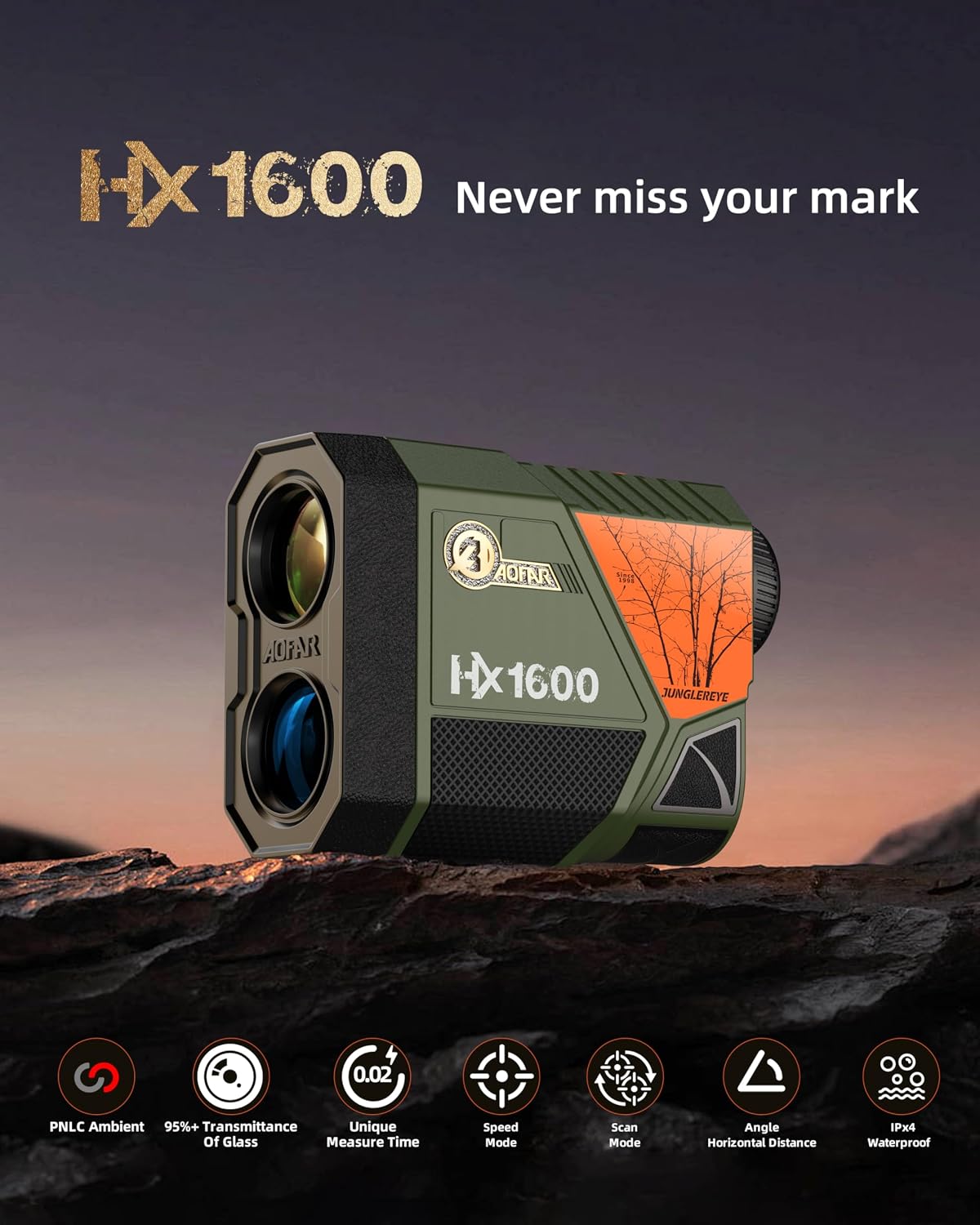 AOFAR HX1600 Hunting Rangefinder with Auto-Ambient Display, Ultra-Clear Optics with 95%+ Transmittance of Glass, 1600 Yards with Angle and Horizontal Distance,Range, Scan, Speed Mode,Waterproof