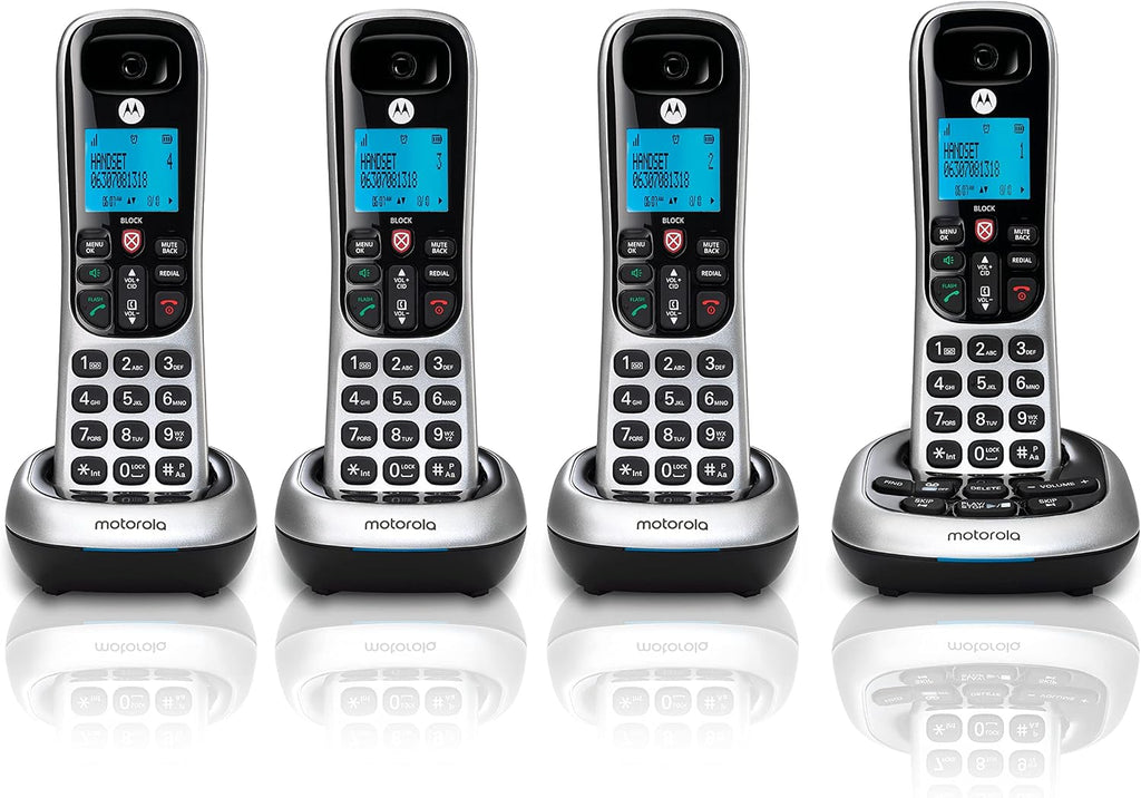 Motorola CD4014 DECT 6.0 Cordless Phone with Answering Machine and Call Block, Silver/Black, 4 Handsets