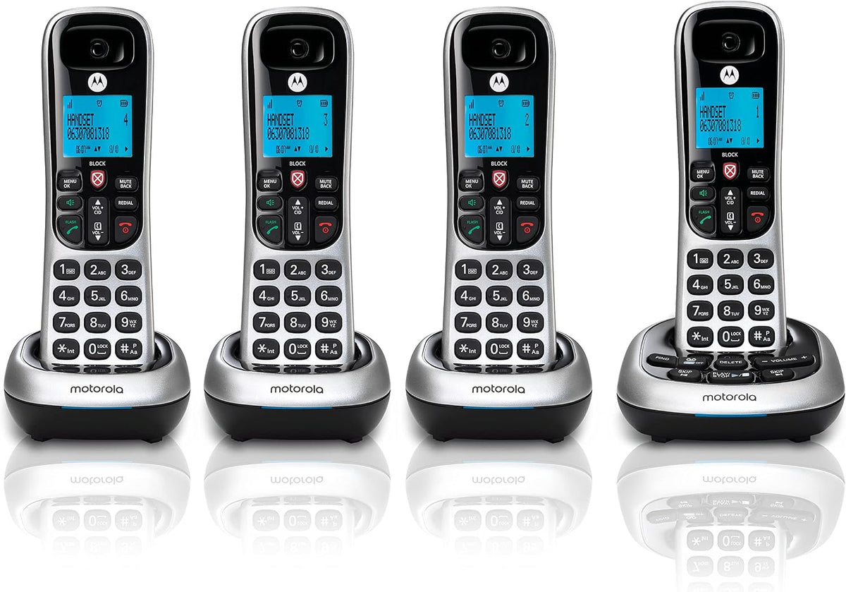 Motorola CD4014 DECT 6.0 Cordless Phone with Answering Machine and Call Block, Silver/Black, 4 Handsets