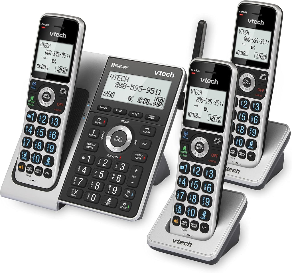 VTech VS306-3 DECT 6.0 3 Handsets Cordless Home Phone with Bluetooth, Answering System, Smart Call Blocker, Caller ID Announce, Backlit Display, Duplex Speakerphone (Silver & Black)