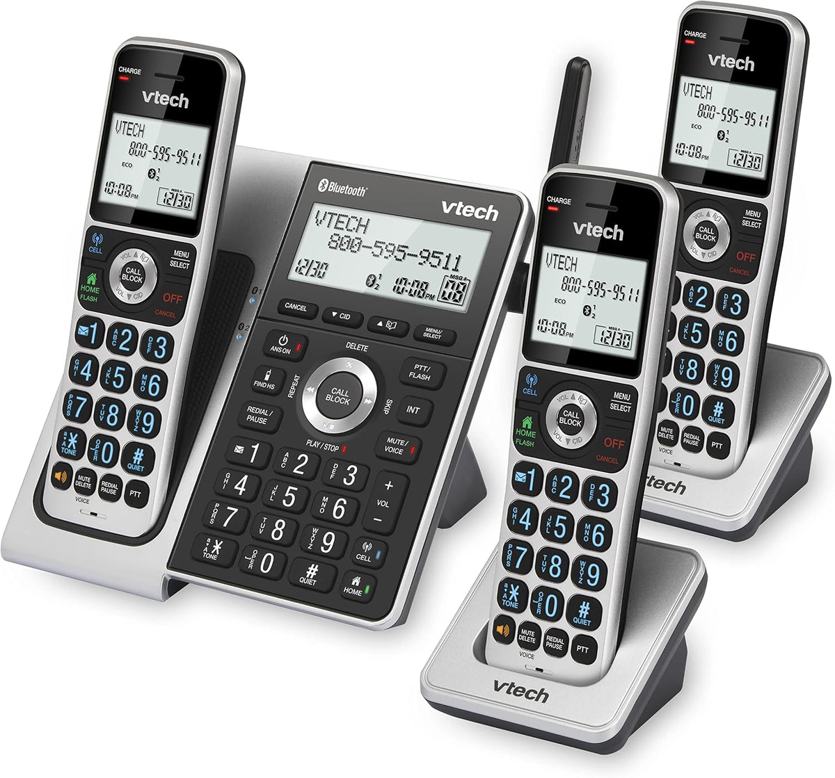 VTech VS306-3 DECT 6.0 3 Handsets Cordless Home Phone with Bluetooth, Answering System, Smart Call Blocker, Caller ID Announce, Backlit Display, Duplex Speakerphone (Silver & Black)