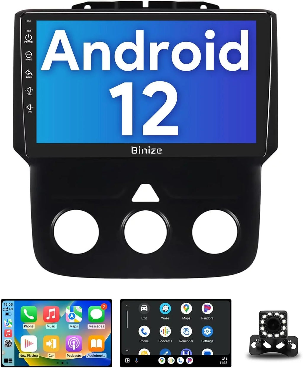 Dodge Radio Stereo 12 Wireless Auto/AM/FM/Backup Unit with Car GPS Camera/DSP/SWC/BT/WiFi/2+32GB in-Dash for 1500 Navigation 2500 Din CarPlay/Android Ram 3500 2013-2018, 9" Android Double Binize