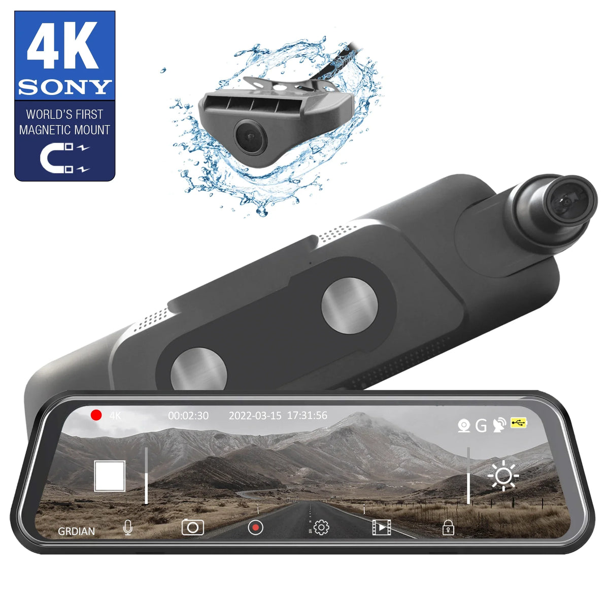 Rear-View Rear, Mount Dual-Channel Seamless Parking Front Design 10" Mode, GRDIAN Mirror Touchscreen, Arc4K Magnetic and Camera,