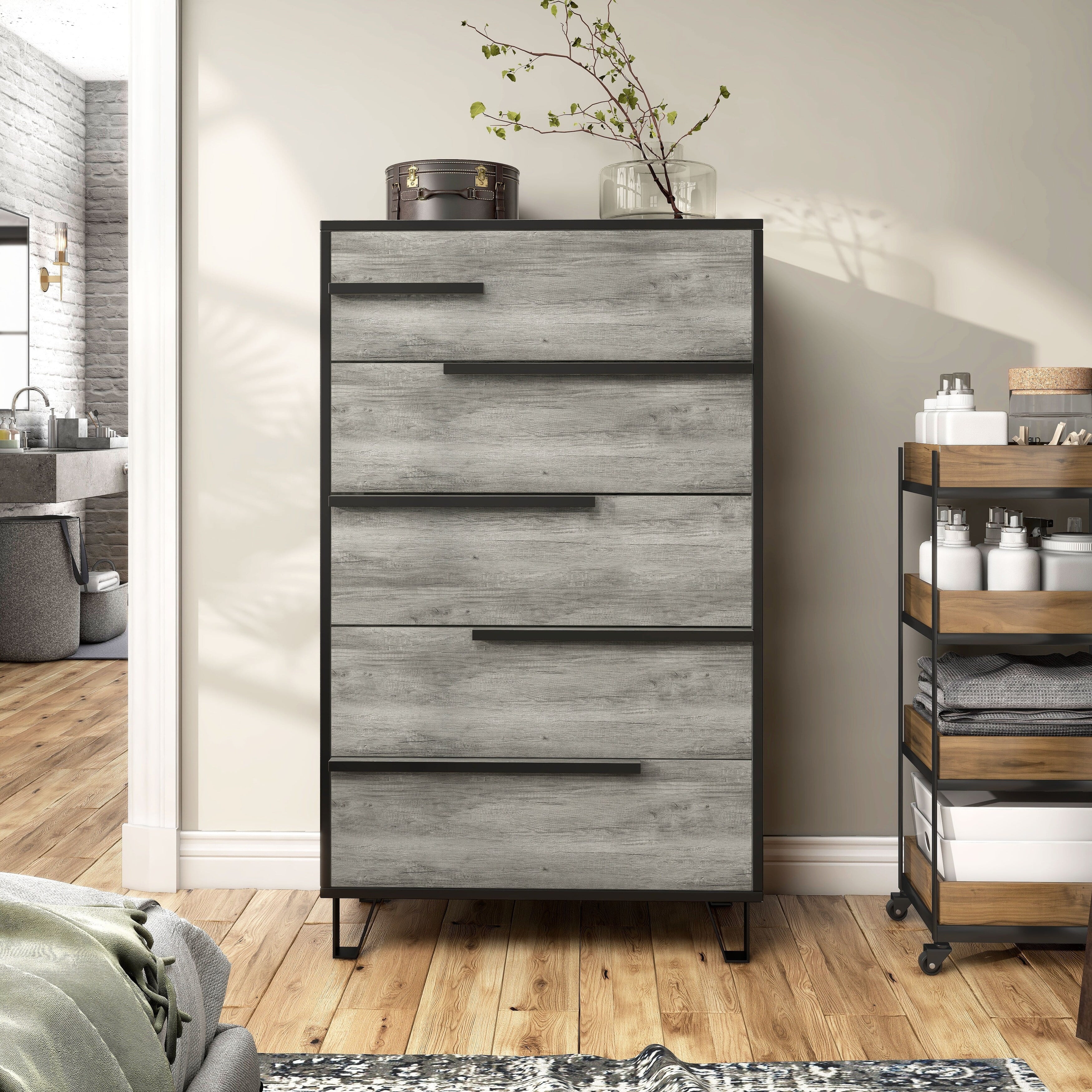 BASIC Grey by 5-Drawer Modern Vintage Chest Oak Denhour DH